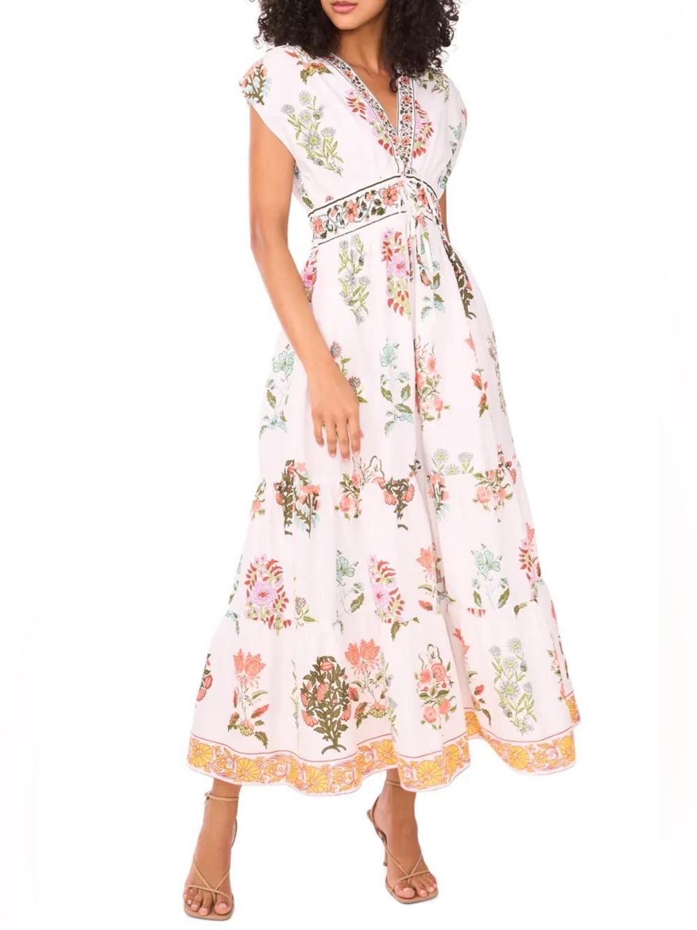 CeCe Cream Maxi Dress with Coral & Green Floral Print - Size M